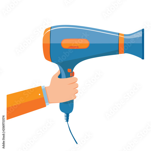 Hand holding a blue and orange hair dryer