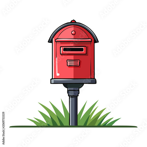 Red postal mailbox with grass illustration