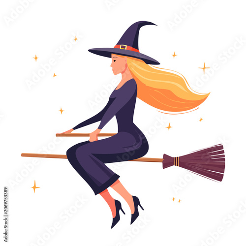 Witch flying on broomstick with stars