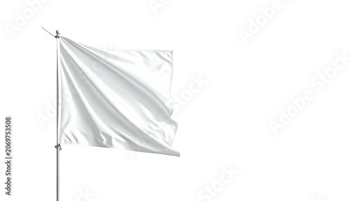 Waving white flag on pole against black background
