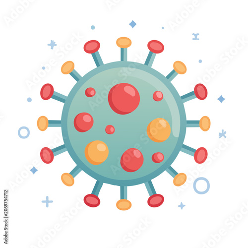 Flat illustration of a virus with spikes and particles