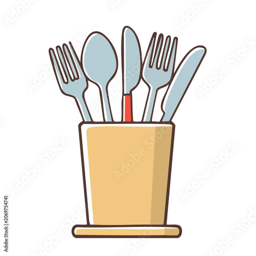 Flat illustration of cutlery in wooden holder