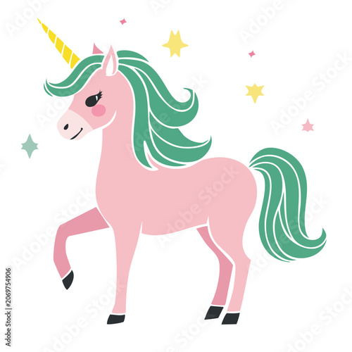 Pink unicorn with green mane and golden horn