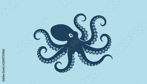 Dark blue octopus with detailed suckers on its writhing tentacles swimming in a light blue ocean environment.