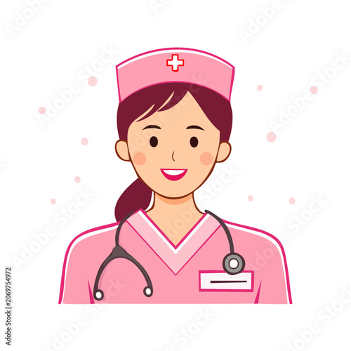 Smiling Female Nurse in Pink Uniform with Stethoscope