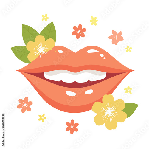 Smiling lips with flowers and leaves vector illustration