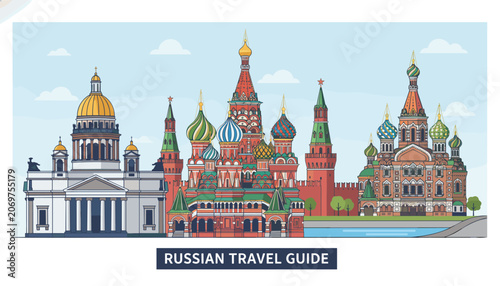 Colorful russian travel guide banner displaying historical cathedrals and Kremlin towers of moscow city.
