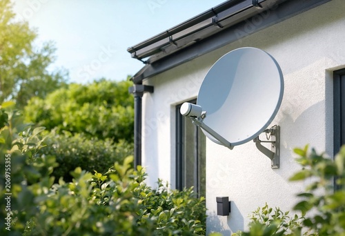 Modern satellite television dish installed on a country house exterior wall providing clear digital signal reception, communication connectivity, broadcasting, and reliable home entertainment system