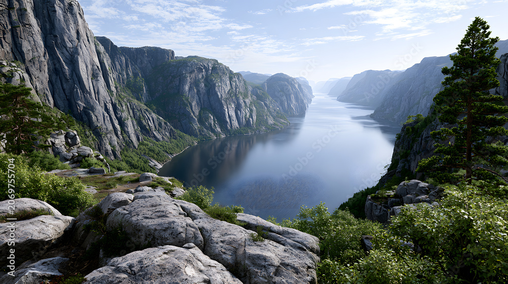 Obraz premium Breathtaking Fjord with Sheer Cliff Walls and Calm Water, Surrounded by Lush Greenery and Majestic Landscape