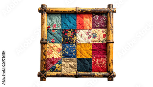 Quilted patchwork squares within aged bamboo frame. Square composition