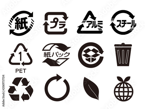 リサイクル識別表示マークとゴミ分別やエコのアイコンが並ぶシンプルなベクターイラスト素材