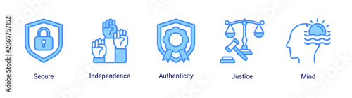 Fotografie Human values icon set featuring independence,authenticity,justice and personal awareness concepts for education,coaching and self development projects