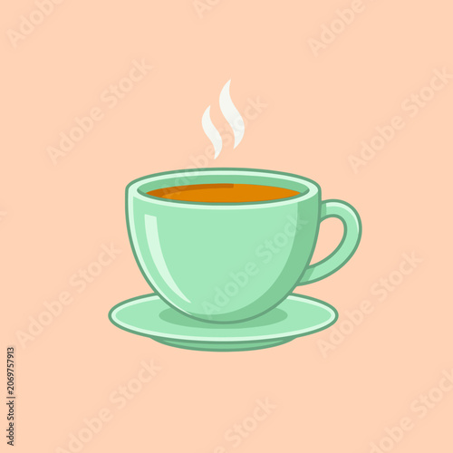 A steaming cup of hot beverage sits on a small saucer