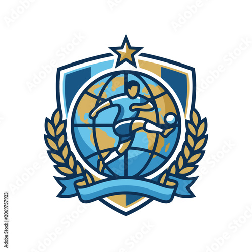 A soccer player kicks a ball inside a blue and gold crest