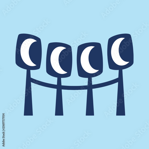 Four dark blue lanterns with white crescent moons on a light background