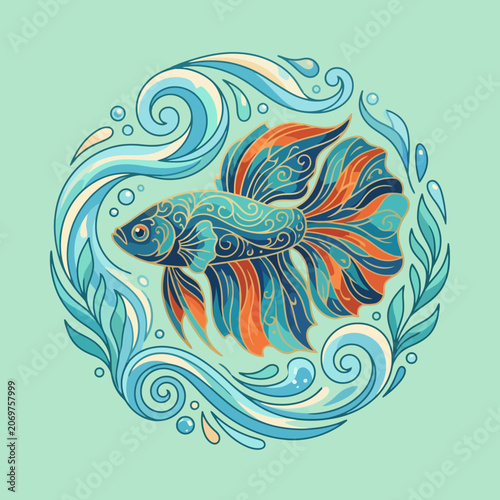 A beautiful betta fish swimming in swirling blue water waves