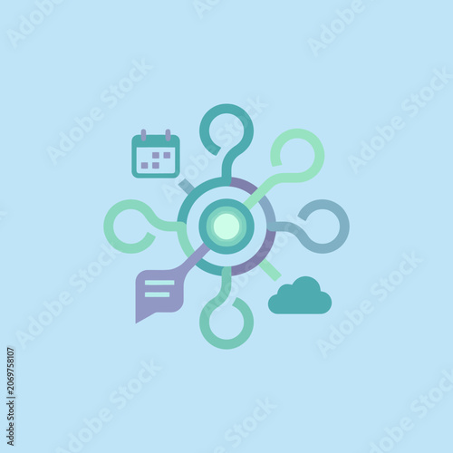 A central hub icon with various connected digital interface symbols