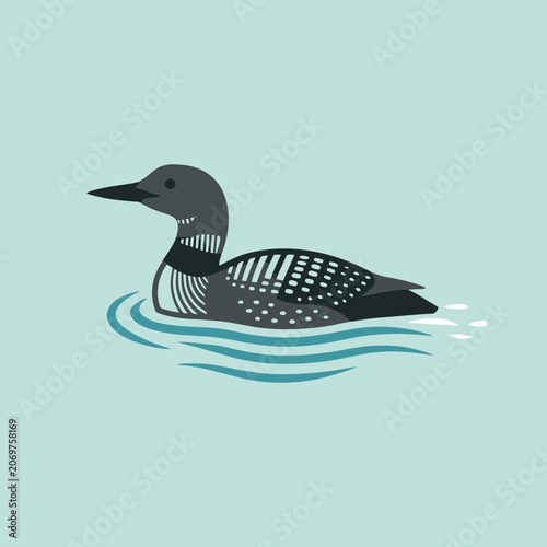 A stylized common loon bird swims on calm blue water