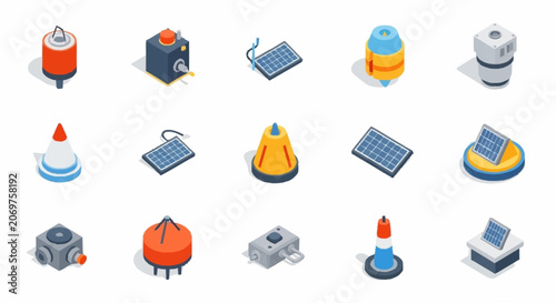 Colorful isometric icons of fire safety and industrial equipment.