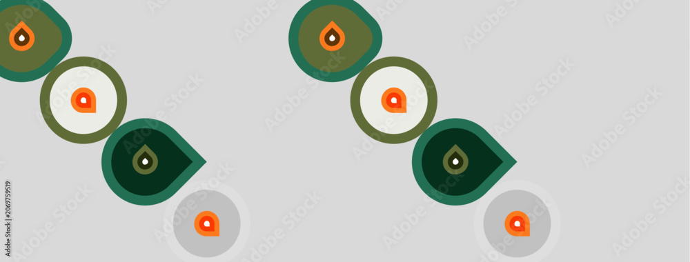 Fototapeta premium Pattern features repeating circles, teardrops. Colors include orange, teal, gray, green. Simple geometric shapes create modern design.