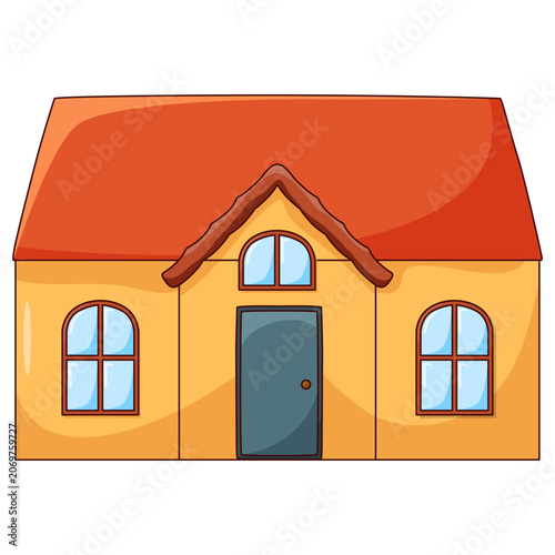 Cute cartoon house illustration with red roof and arched windows