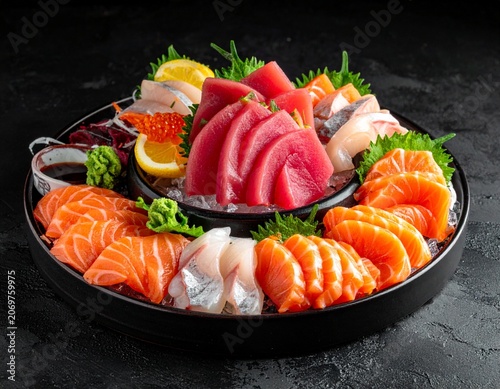 Set of Fresh seafood platter with sashimi