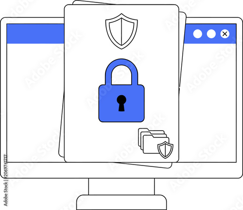 Computer screen displaying digital security lock, shield, and folders for web banner social media banner business presentation marketing meterial.