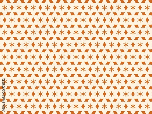 Seamless retro geometric pattern with orange star and diamond shapes neatly arranged on cream background perfect for fabric decor and packaging