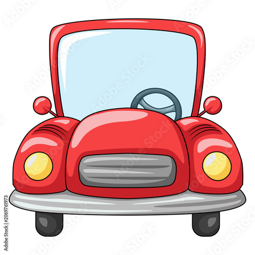 Front view of classic red toy car with silver bumper and yellow headlights vector illustration.