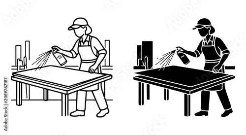 Industrial Worker Spraying Surface, Maintenance Technician Applying Coating, Factory Worker Cleaning Equipment, Two-Tone Vector Icons for Manufacturing and Production Processes