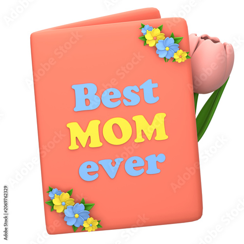 A pink journal with 'Best MOM ever' text and flowers near a pink tulip