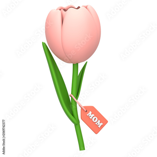 A pink tulip with green leaves and a gift tag reads 'MOM' on a white background