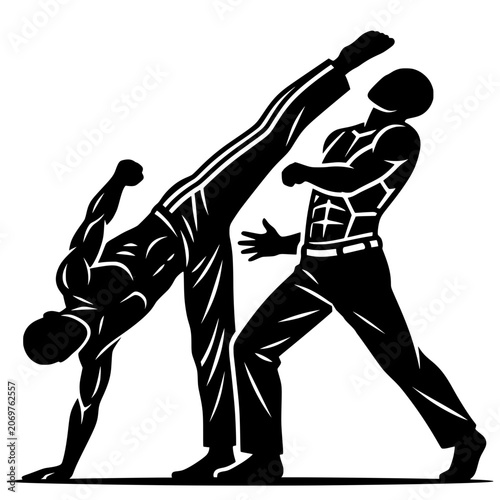 Foto Vector silhouette of two martial artists in dynamic capoeira kick and defense pose