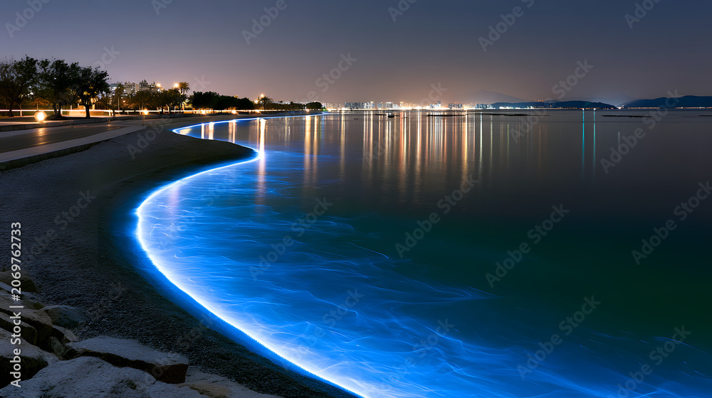 Fototapeta premium Tranquil Night Scene of Bioluminescent Lagoon with Glowing Blue Water and Stars Above