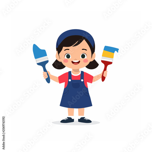 Cartoon girl holding paintbrushes