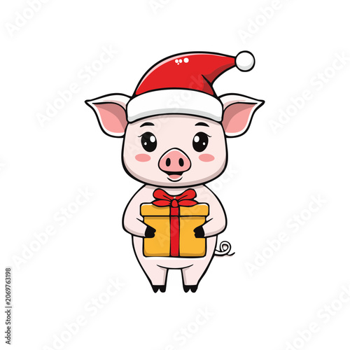 Cartoon pig holding a gift box with Santa hat