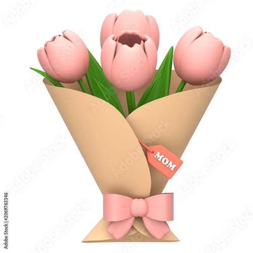 A beautiful bouquet of pink tulips wrapped in brown paper and tied with a pink ribbon as a gift for mom