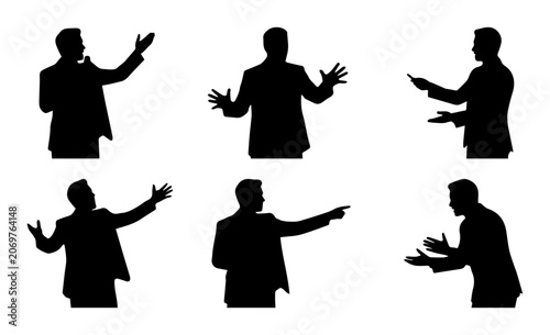 Business Presentation Silhouettes, Speaker Gestures, 6 Poses, Vector Icons for Corporate Meetings, Public Speaking, and Sales Pitches