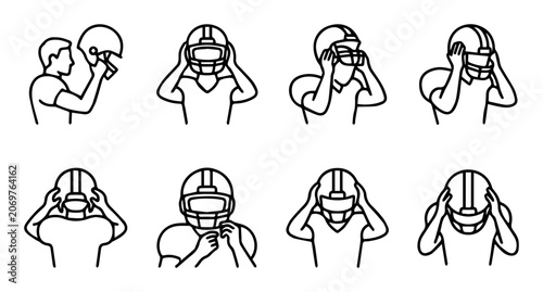 American Football Player Helmet Onboarding Sequence, Sports Gear Application Steps, Athlete Protective Equipment Illustration, Team Sport Action Icons