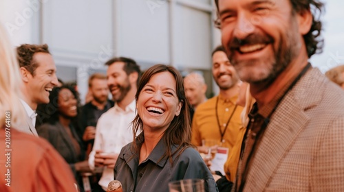 Group of people networking at a professional event, smiling and laughing in a warm, bright office setting for corporate social content