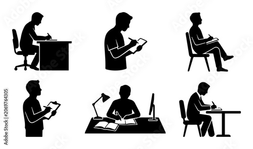 Silhouette Figures Writing, Studying, and Working: Set of 6 Icons for Education, Business, and Office Concepts