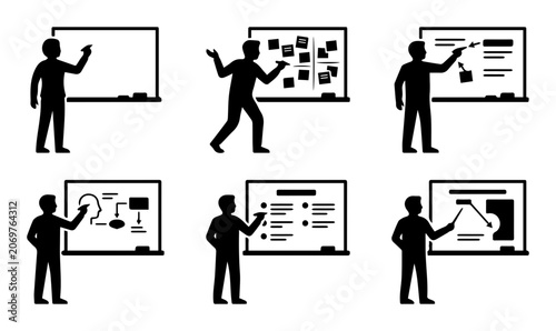 Business Presentation Icons, Teacher Teaching Board Silhouettes, Meeting Planning Figures, Educational Graphics, Strategy Discussion Vector Set