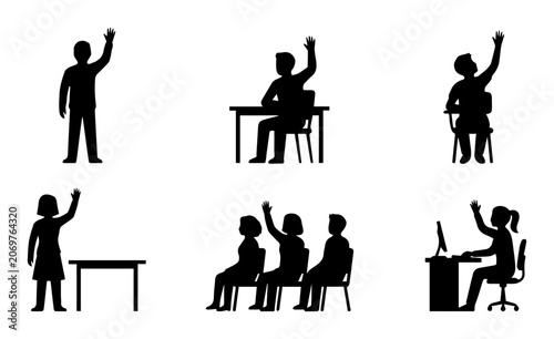 Classroom Participation Icons, Student Questioning Silhouettes, Education Concept Vector Set, Raising Hands for Answers, Learning Engagement Graphics