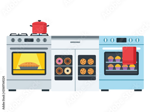 Kitchen Appliances Set with Gas Oven and Electric Stove Baking Homemade Sweets and Pastry Vector