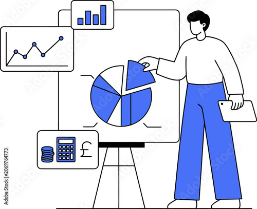 Business analyst presenting financial data with charts and calculator for web banner social media banner business presentation marketing meterial.