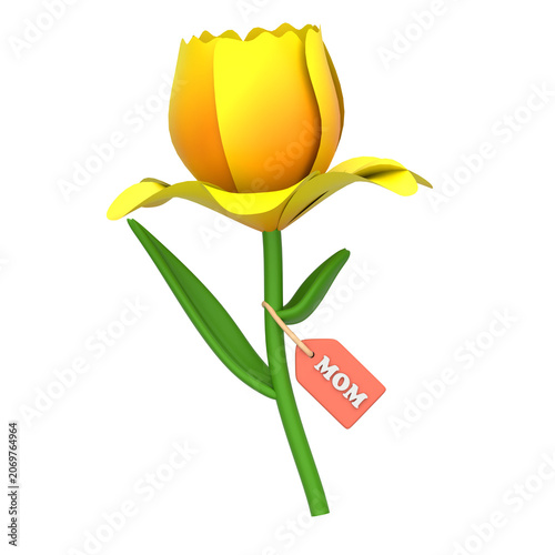 A vibrant yellow tulip with green leaves and a red gift tag on its stem