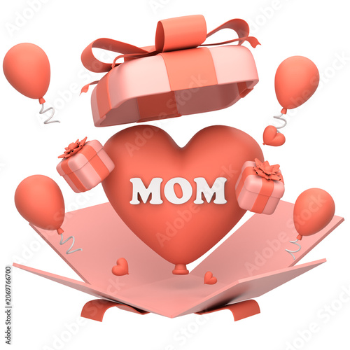 A heart-shaped gift box opens to reveal a Mom message surrounded by floating balloons and presents.