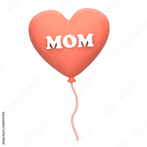 A heart-shaped red balloon with MOM written on it floats in the air