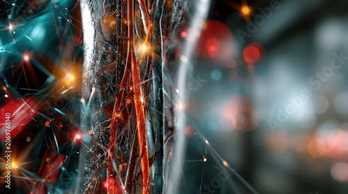 3D medical illustration of a glowing healthy vascular system and veins inside a translucent human leg on a dark cinematic background.