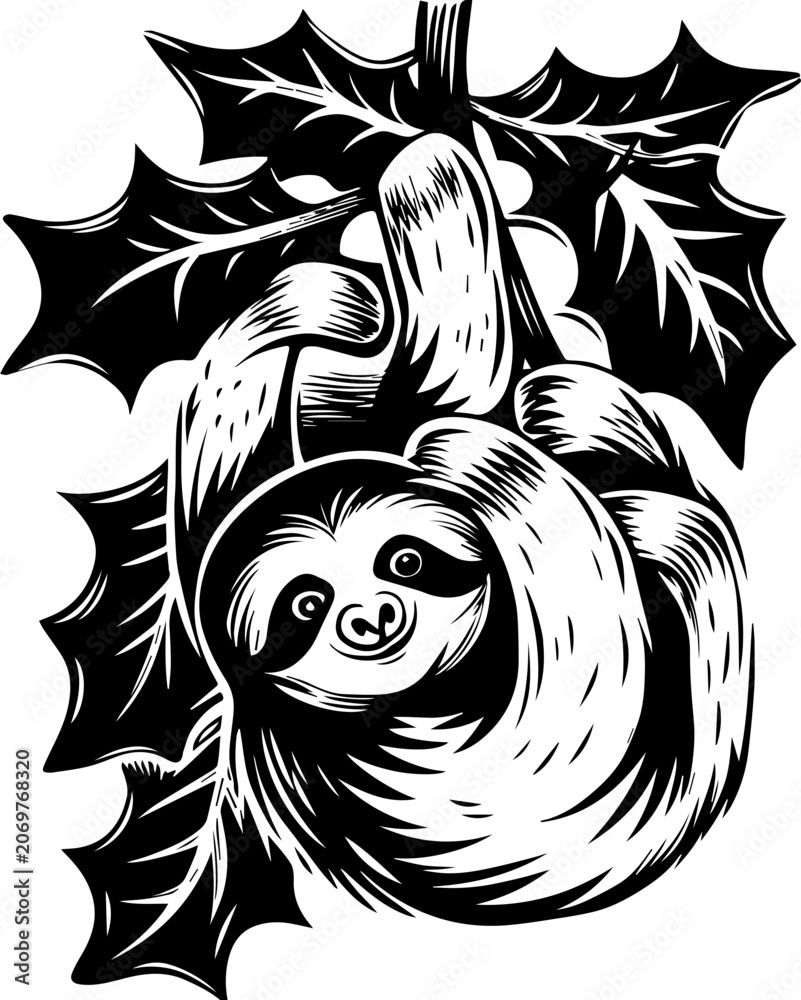 Fototapeta premium Cute New Year tattoo design, SVG with clean lines. Cute sloth hanging on a branch with leaves in black and white style